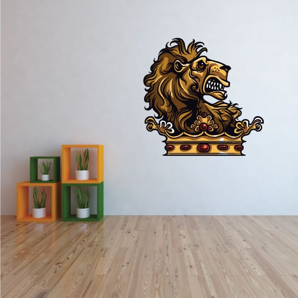 Medieval lion crown sticker with snarling gold and black lion head