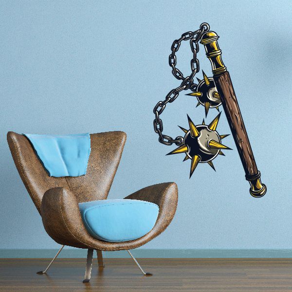Medieval mace sticker with chain and spiked starburst head, brown and gold accents