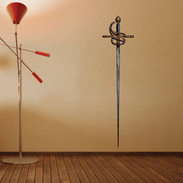 Medieval rapier sword decal with blue handle and crossguard, gold pommel details.