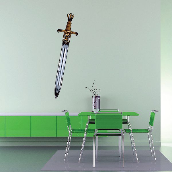 Medieval-style sword sticker with ornate golden crossguard and blue blade