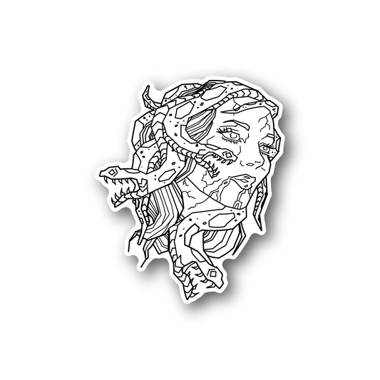 Vinyl sticker with white line-art Medusa girl portrait and outlined border