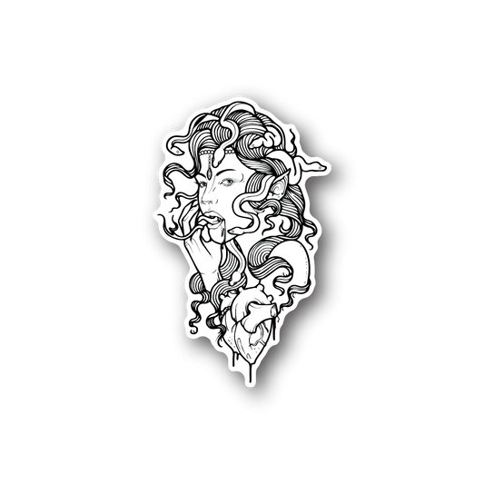 Vinyl sticker with white line-art Medusa head profile