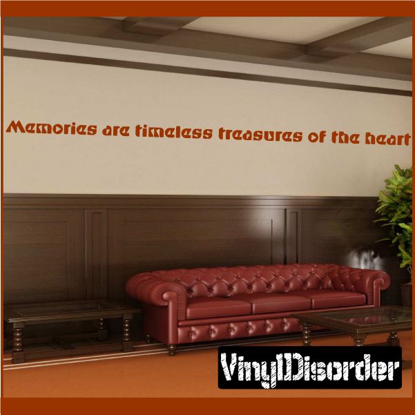 Wall decal with red quote text: "Memories are timeless treasures of the heart"