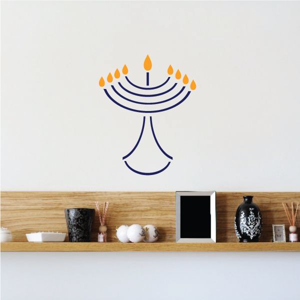 Minimal menorah Hanukkah decal with blue base and orange flames