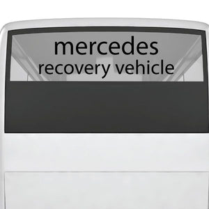 Mercedes recovery vehicle decal with black text on light gray rectangle