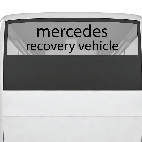 Mercedes recovery vehicle decal with black text on light gray rectangle