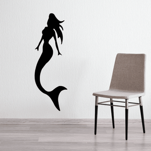 Black mermaid silhouette wall decal with flowing tail and hair