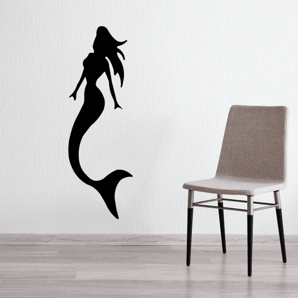Black mermaid silhouette wall decal with flowing tail and hair