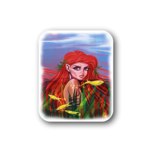 Vinyl sticker with mermaid illustration of red-haired woman and colorful sea scene