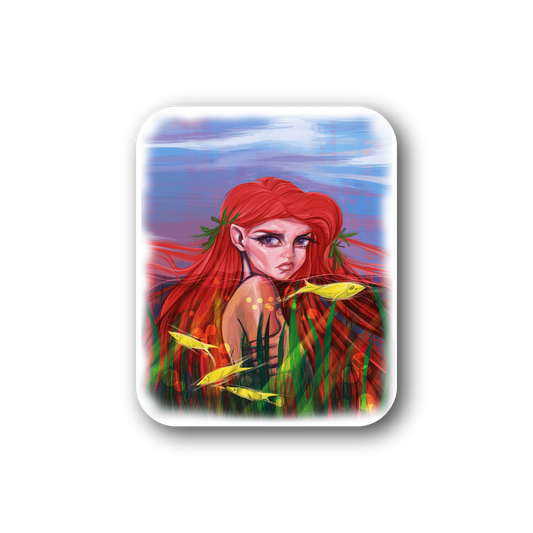 Vinyl sticker with mermaid illustration of red-haired woman and colorful sea scene