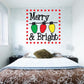 Christmas lights wall decal: 'Merry & Bright' in red dotted frame with ornaments