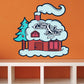 Christmas cabin wall sticker with tree and cloud script text: Merry Christmas Happy New Year