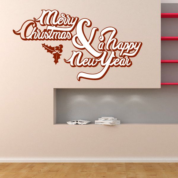 Image of Merry Christmas and Happy New Year with Holly Berries Printed Decal