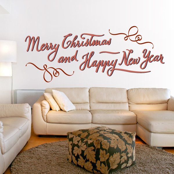 Image of Merry Christmas and Happy New Year with Ribbons Quote Decal