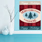 Christmas sticker: red background, “MERRY CHRISTMAS EVERYONE”, blue trees and snowflakes