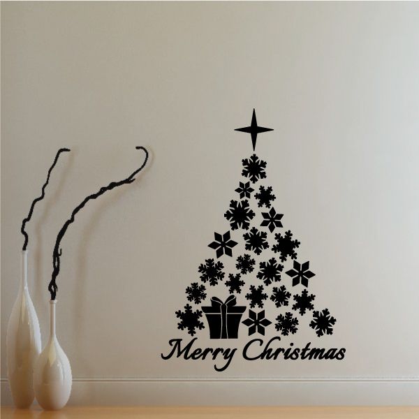 Image of Merry Christmas Snowflake Tree with Presents Decal