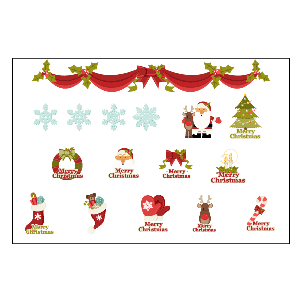 Christmas sticker sheet with Santa, snowflakes, trees, hearts, socks, and banner decals