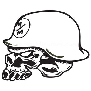 Metal Mulisha skull decal with black-and-white helmet graphic