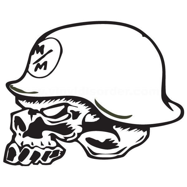Metal Mulisha skull decal with black-and-white helmet graphic