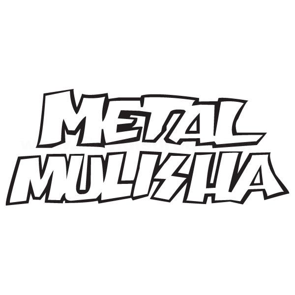 Metal Mulisha text decal, bold black outlined lettering on white
