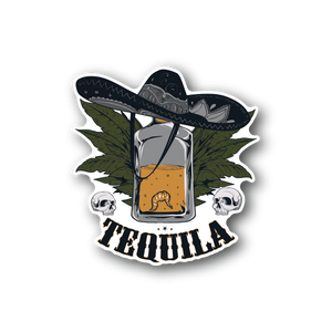 Vinyl sticker of a cartoon glass with worm, green leaves, skulls and stylized text
