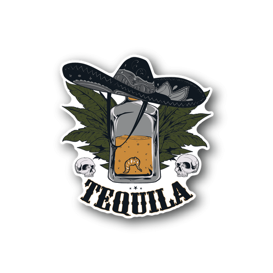 Vinyl sticker of a cartoon glass with worm, green leaves, skulls and stylized text