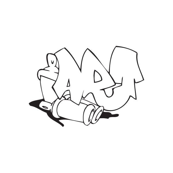 Graffiti character decal with black outline and white fill
