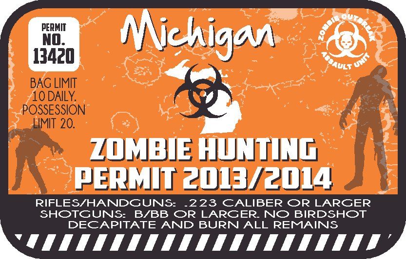 Michigan zombie hunting permit sticker, orange with biohazard symbol and 2013/2014 text