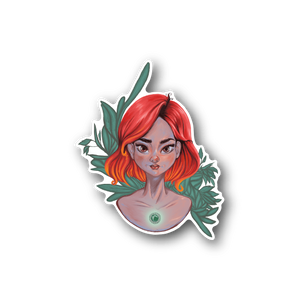 Vinyl sticker of red-haired woman with green leaves and face portrait