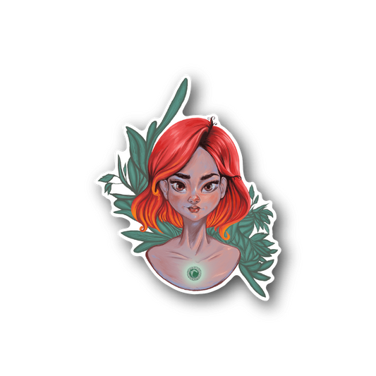 Vinyl sticker of red-haired woman with green leaves and face portrait