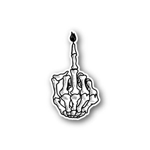 Vinyl sticker of a raised middle finger with flame detail, white outline