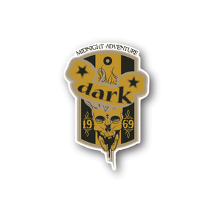 Die-cut vinyl sticker with skull and flames, stars, and 'Midnight Adventure' dark