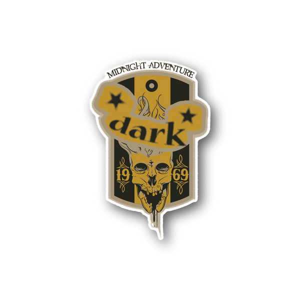 Die-cut vinyl sticker with skull and flames, stars, and 'Midnight Adventure' dark