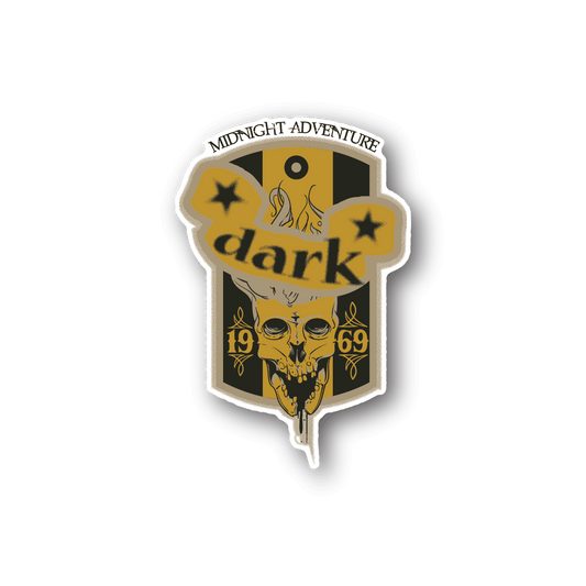 Die-cut vinyl sticker with skull and flames, stars, and 'Midnight Adventure' dark