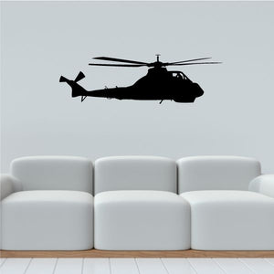 Military attack helicopter decal with black silhouette, rotor blades and tail boom