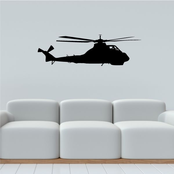 Military attack helicopter decal with black silhouette, rotor blades and tail boom