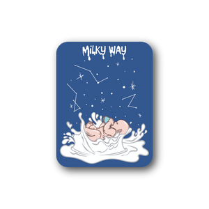 Baby vinyl sticker, square blue scene with starry Milky Way and sleeping infant in clouds