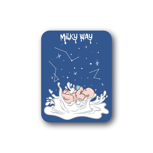 Baby vinyl sticker, square blue scene with starry Milky Way and sleeping infant in clouds