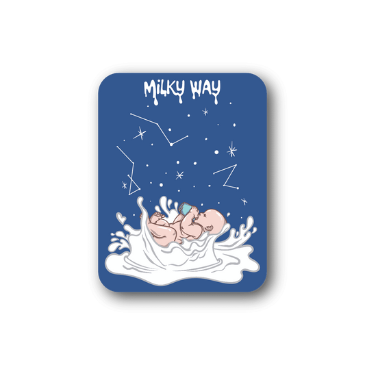 Baby vinyl sticker, square blue scene with starry Milky Way and sleeping infant in clouds