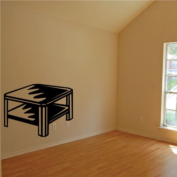 Mini coffee table wall decal, black outline with wood-tone top