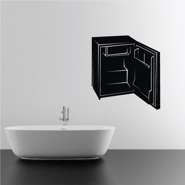 Black mini fridge wall decal with open door and interior shelves