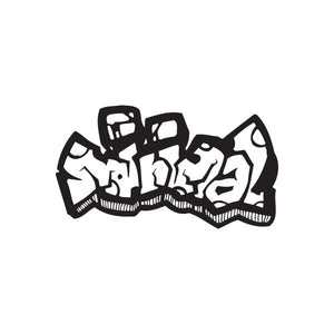 Black graffiti-style decal with abstract letters