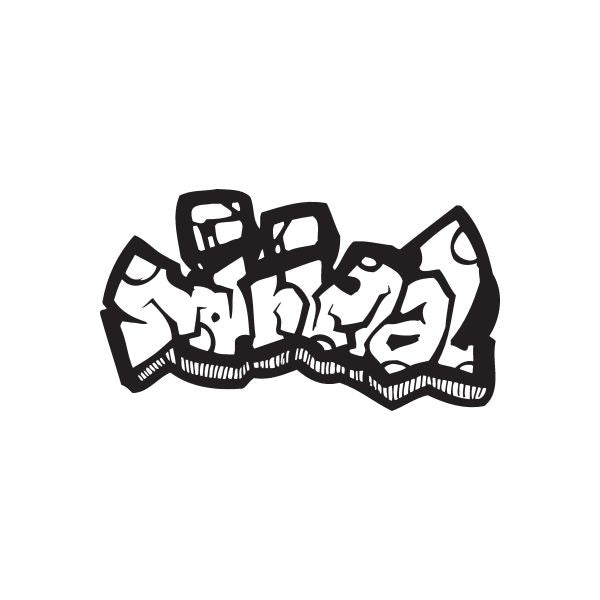 Black graffiti-style decal with abstract letters