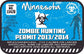 Blue zombie hunting permit sticker with Minnesota text, biohazard symbol, and permit numbers