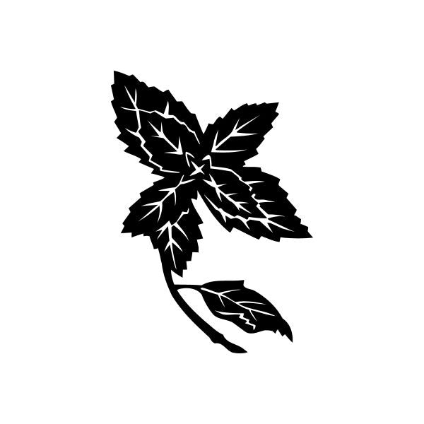Mint leaf decal, black stylized sprig with curved stem and two leaves