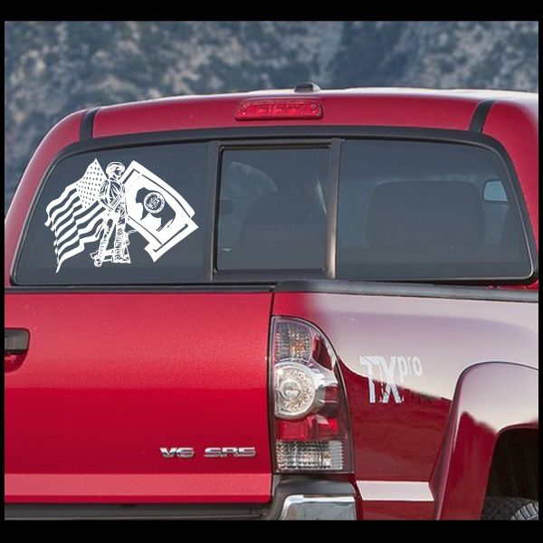Minuteman and flags decal: white soldier with crossed flags graphic.