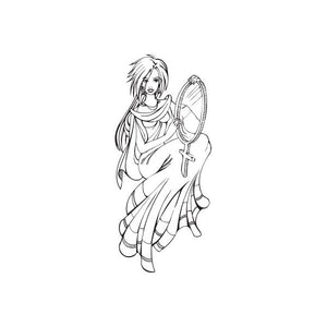 Mirror of Fate decal: anime girl figure with staff and scarf, black line art on white