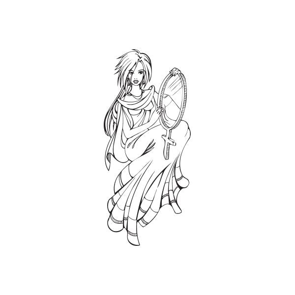 Mirror of Fate decal: anime girl figure with staff and scarf, black line art on white