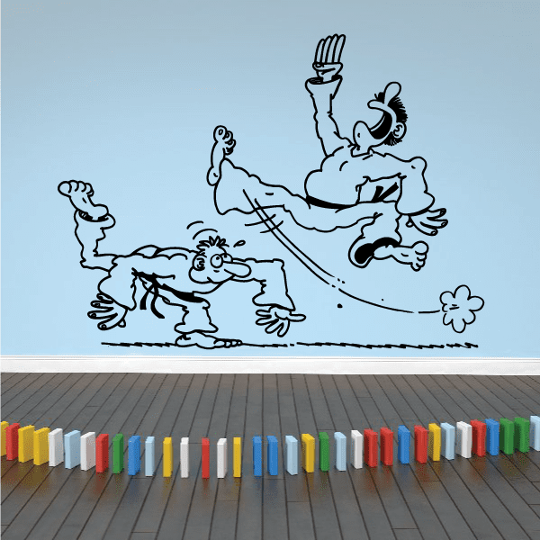 Kung fu wall decal featuring a martial artist high kick and two crouching fighters