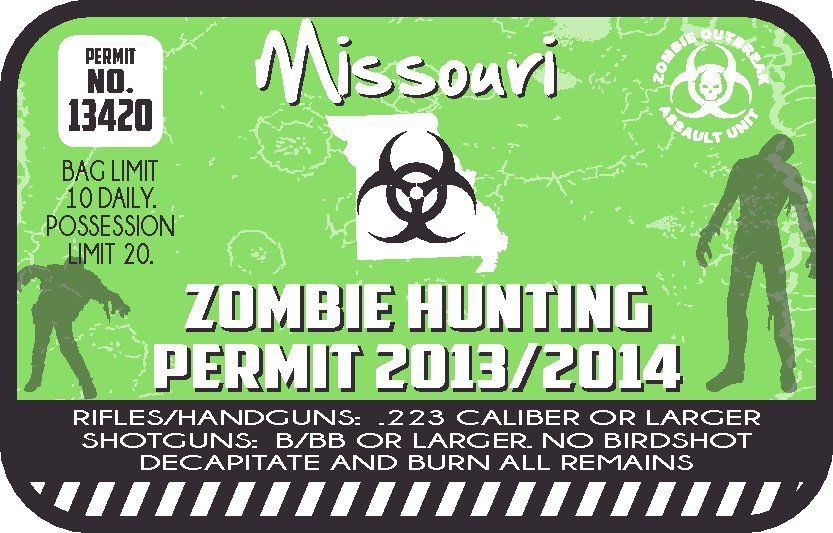 Green zombie hunting permit sticker with biohazard symbol and hunters silhouettes.